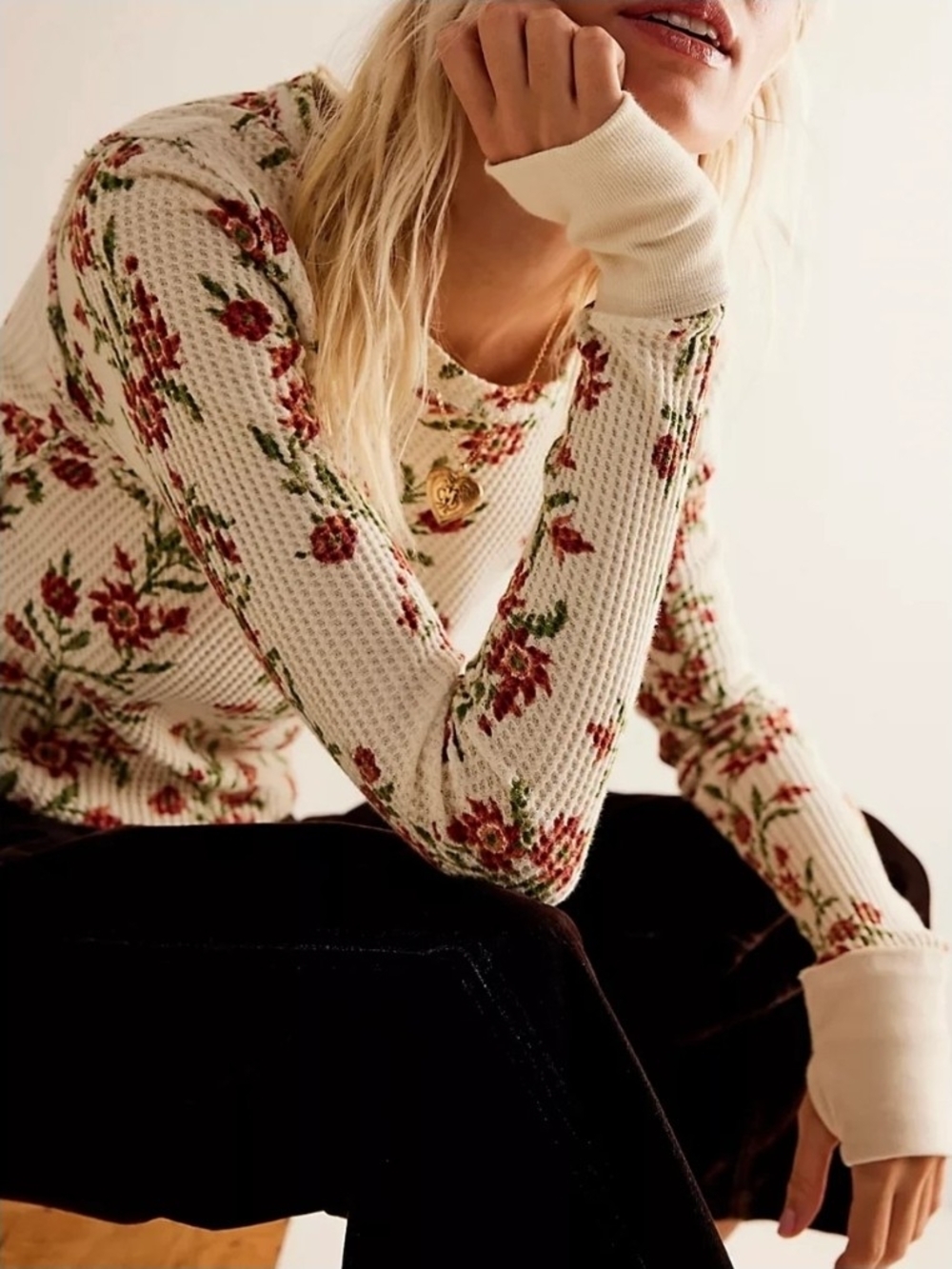 Free People Pretty Little Thermal - Sand Combo Folk Vine XS NWOT